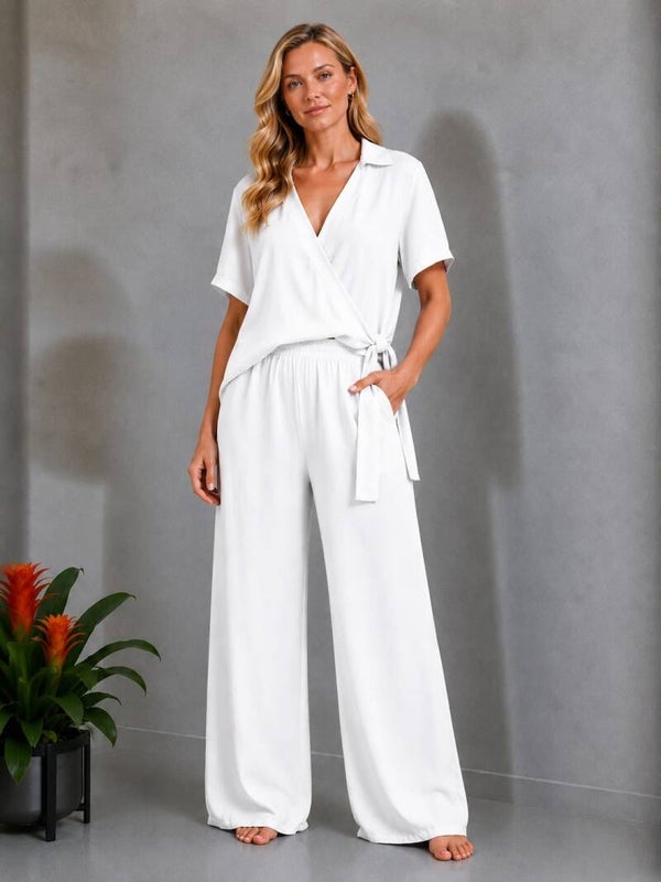2 delige set met knoopblouse wit