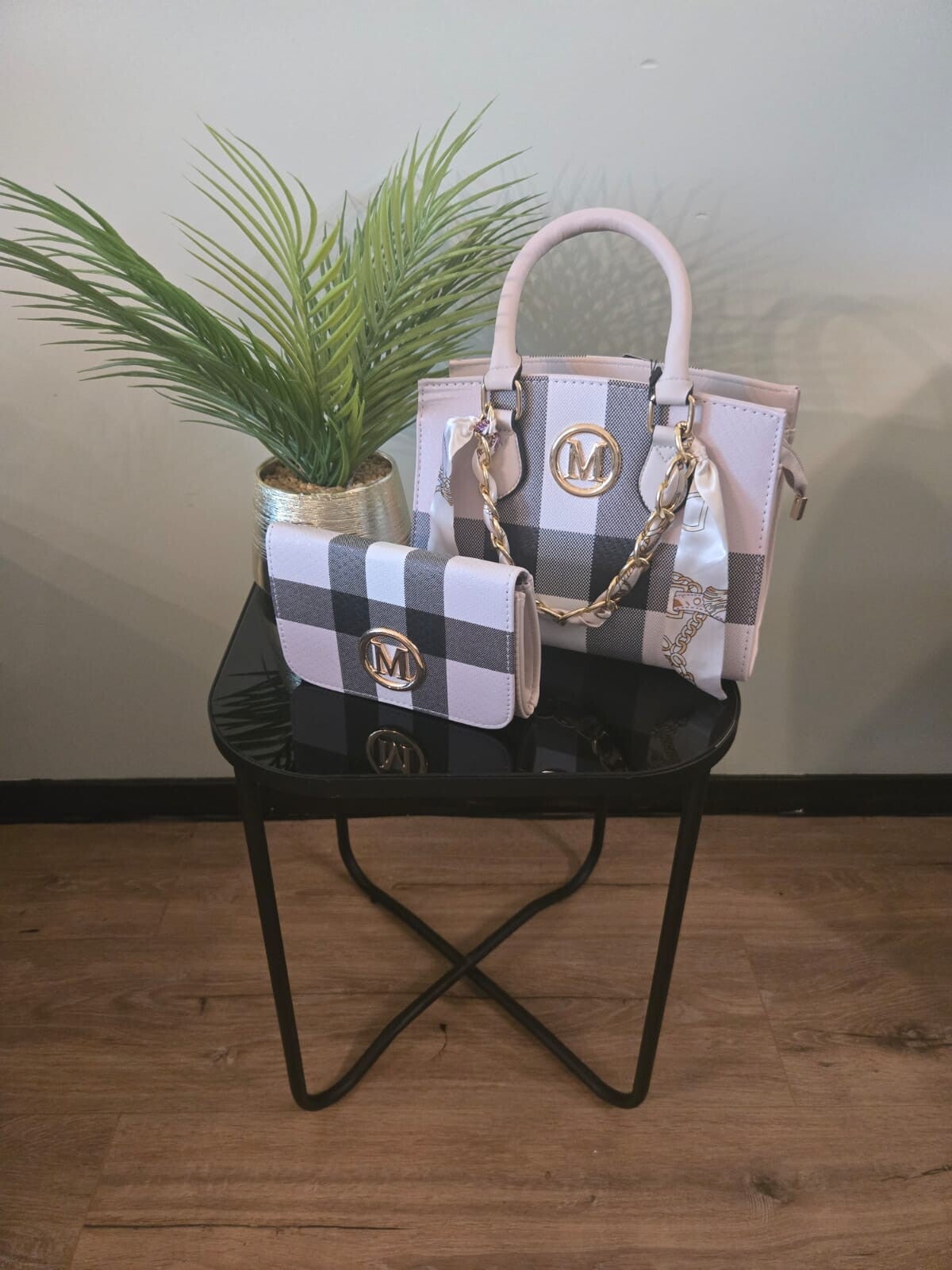 Set met portemonnee beige geblokt 088