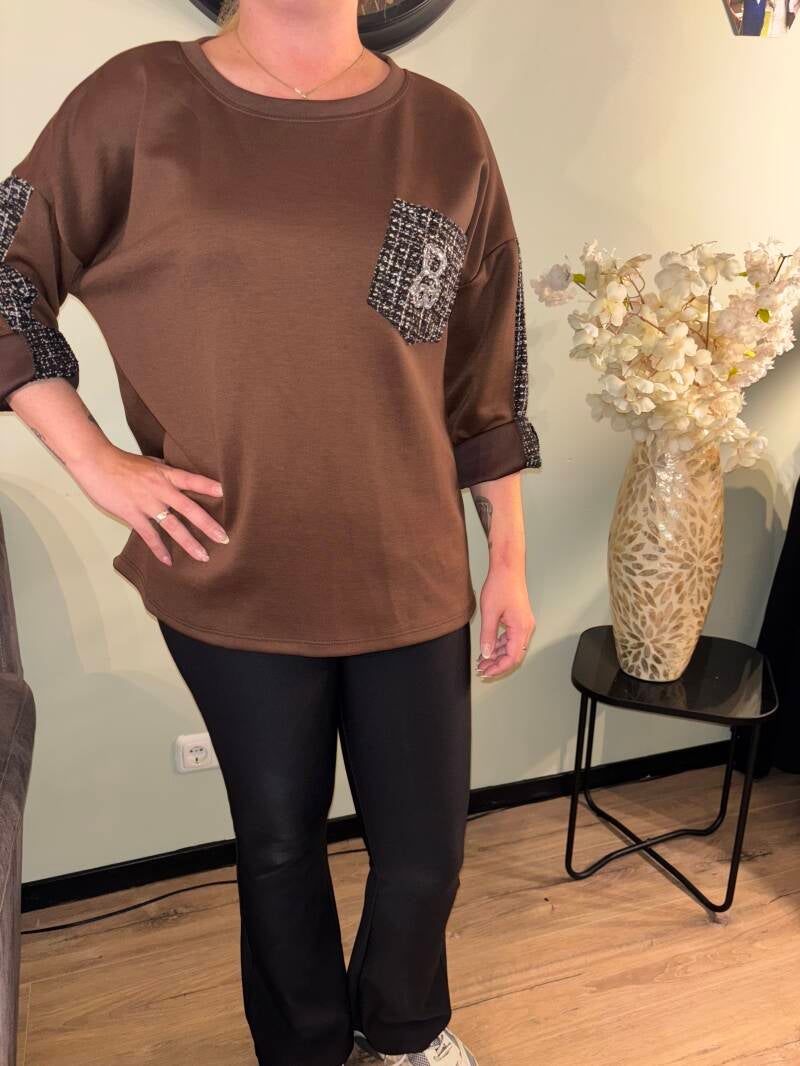 Trui met kanten accent bruin 01600