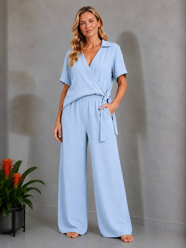 2 delige set met knoopblouse blauw