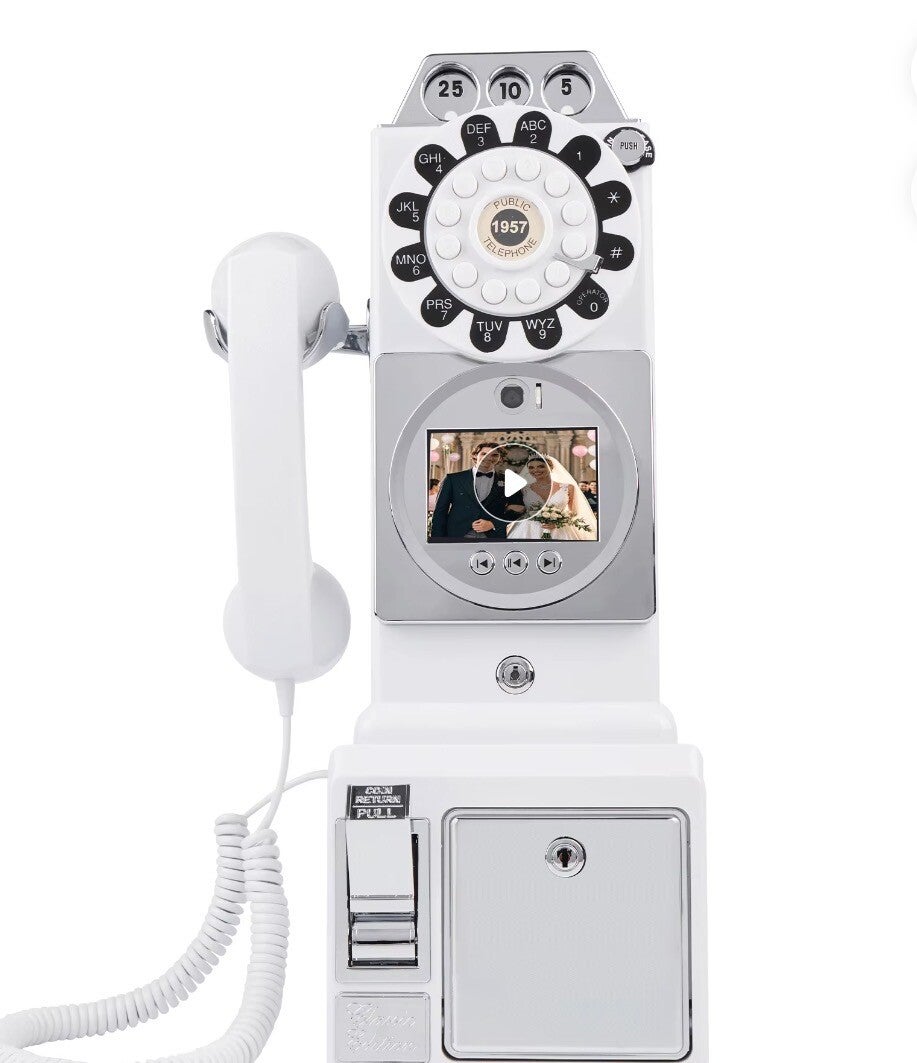 Modern audio guestbook display with vintage-style phone and custom sign