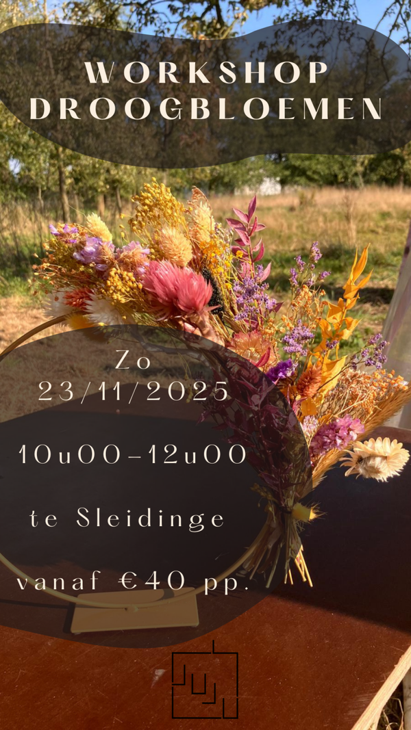 Workshop droogbloemen! Zondag 23 november 2025 (10u00-12u00) (Ø25cm of Ø30cm)