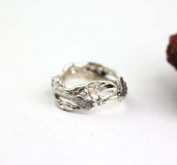 Zilveren smeltwerkring met zirconia