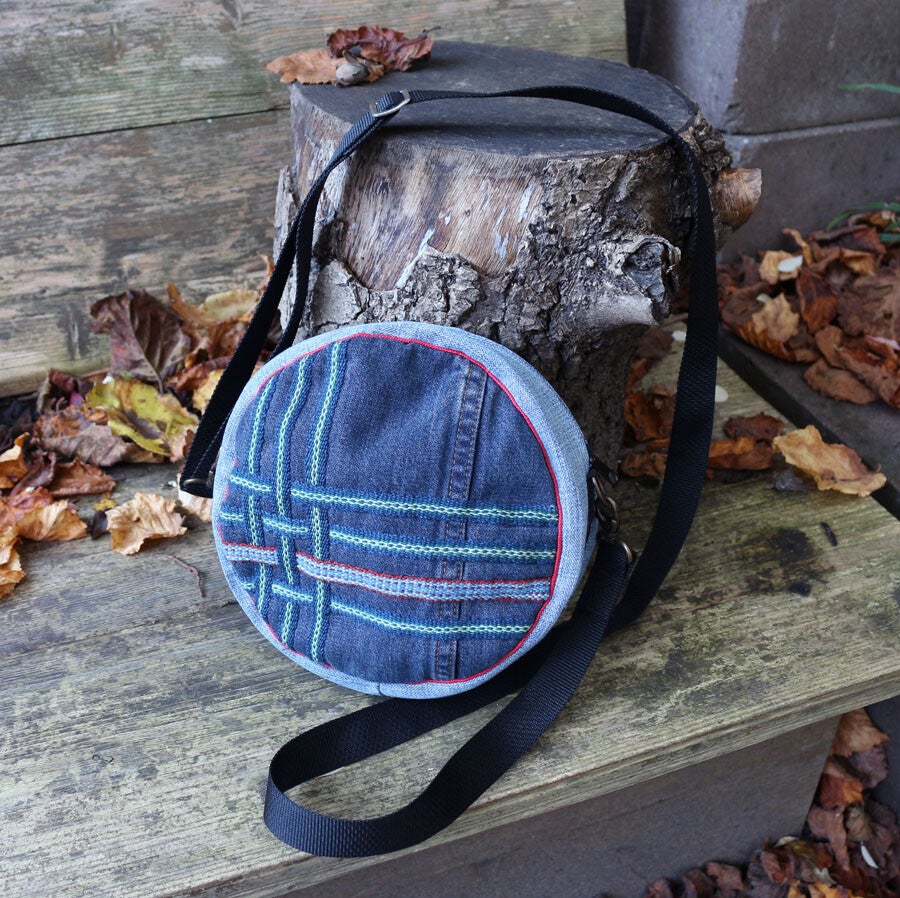 Jeans tas, rond met weefbanden