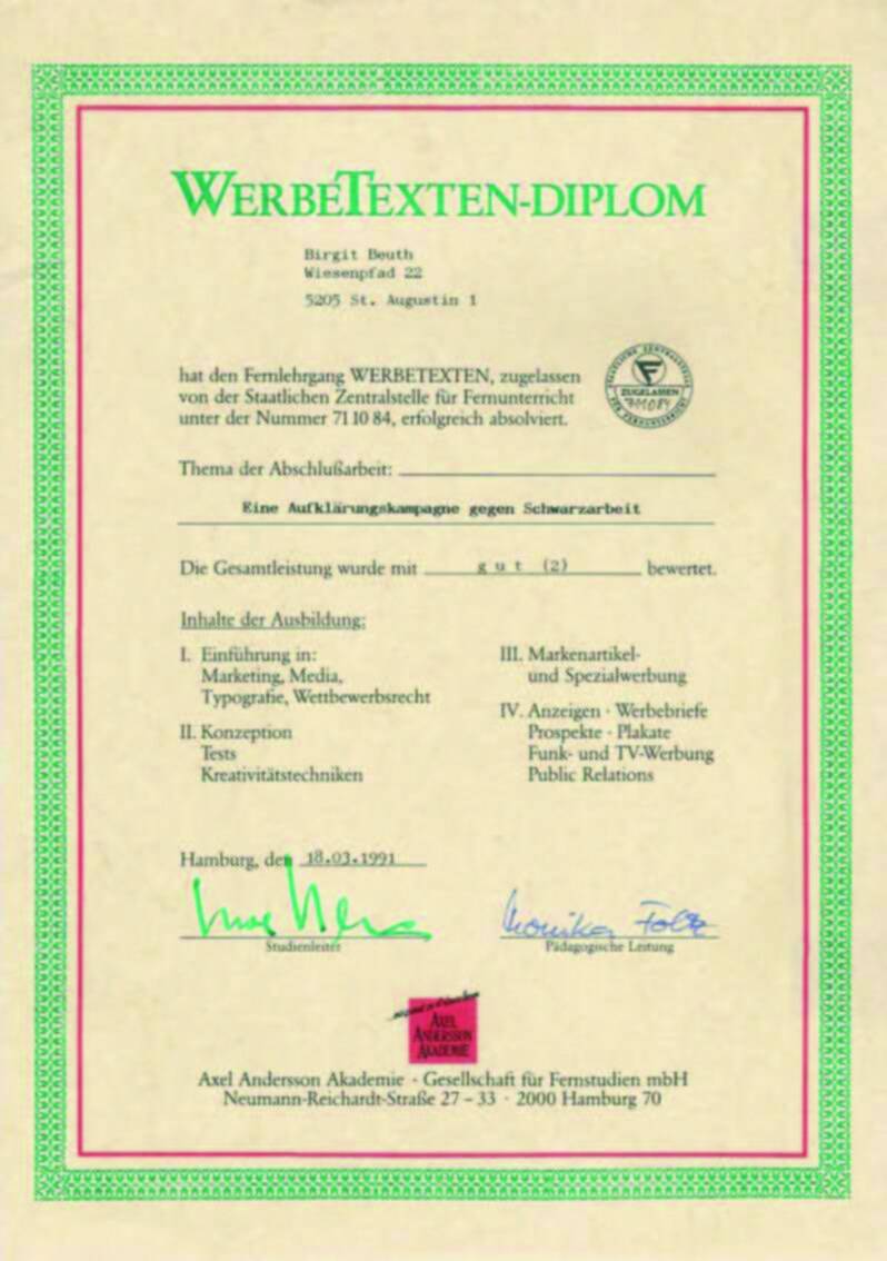 Diplom | Werbetexten | Birgit Beuth 1991