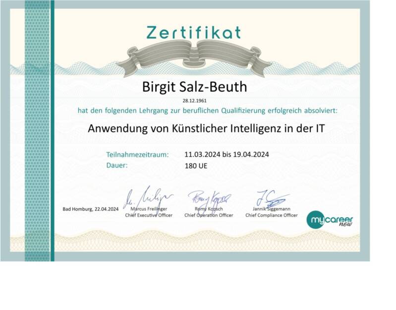 Zertifikat KI-Anwendungen | Birgit Salz-Beuth