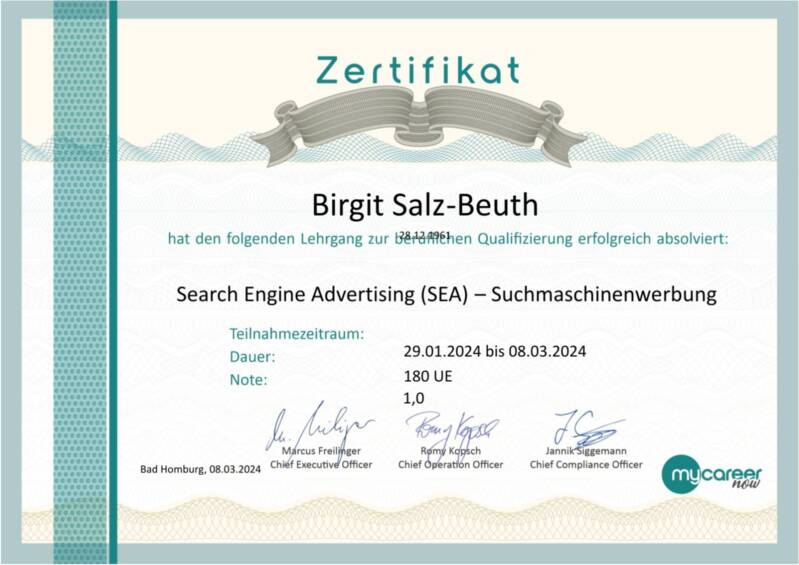 Zertifikat SEA | Birgit Salz-Beuth