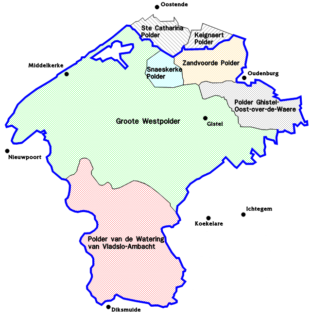 Kaart: samenvoeging Polder Ghistel-Oost-over-de-Waere, Groote West-Polder, Snaeskerke Polder, Polder van de Watering van Vladslo-Ambacht en Polder van Zandvoorde tot een nieuwe polder met als naam ‘Middenkustpolder’. Afschaffing Keygnaert Polder en Sinte 