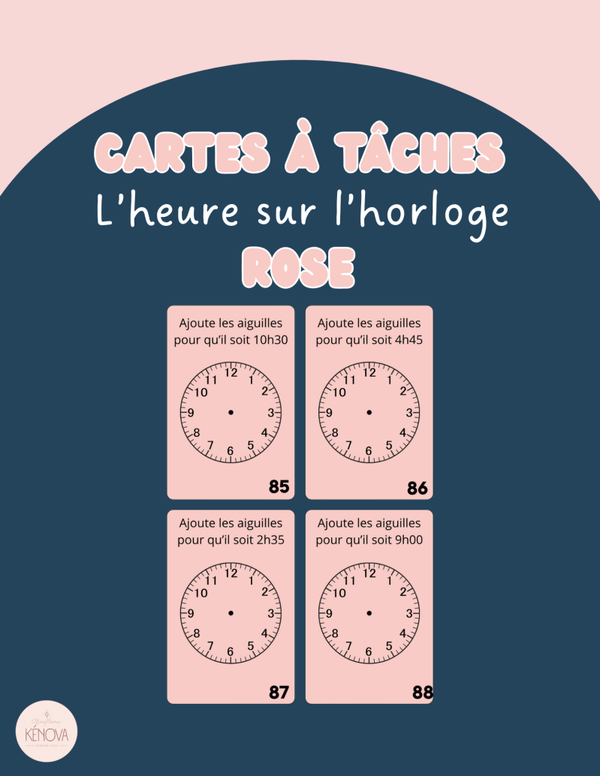 Cartes à tâches - L'heure sur l'horloge - Rose
