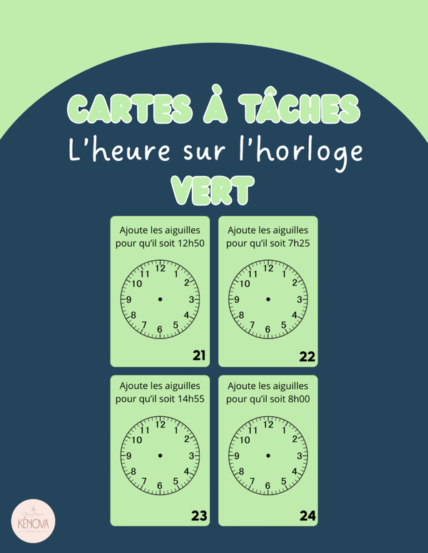 Cartes à tâches - L'heure sur l'horloge - Vert