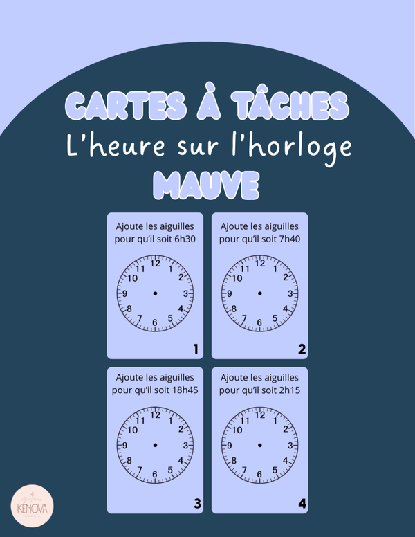 Cartes à tâches - L'heure sur l'horloge - Mauve