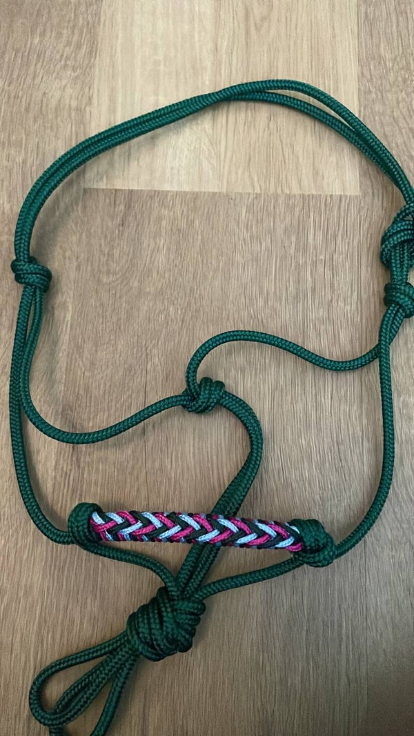 Touwhalster donker groen, baby blauw en donkerroze - gevlochten