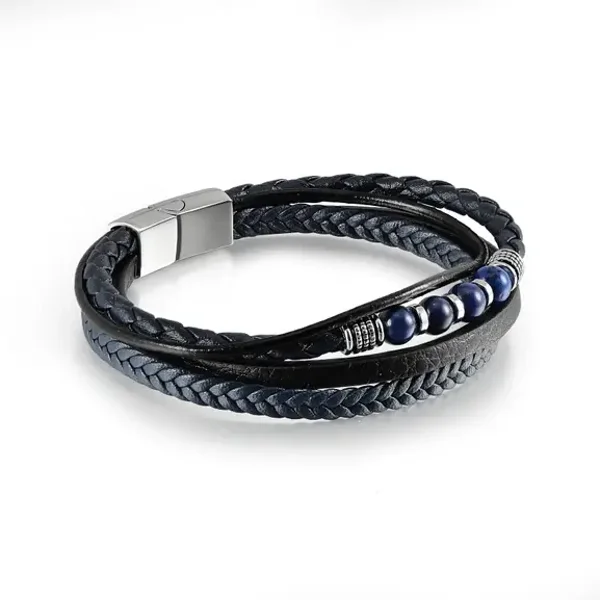 Bracelet cuir et pierres naturelles - Lapis Lazuli (bleu) - pour Homme