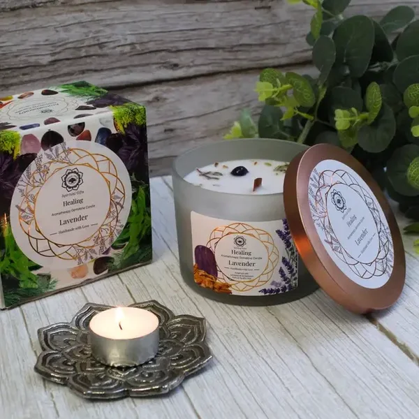 Bougie pierres et senteurs - "Calme, guérison intérieure" - Lavande - 256g