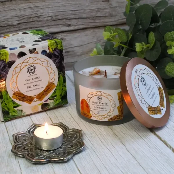 Bougie pierres et senteurs - "Energie Positive" - Palo Santo - 256g