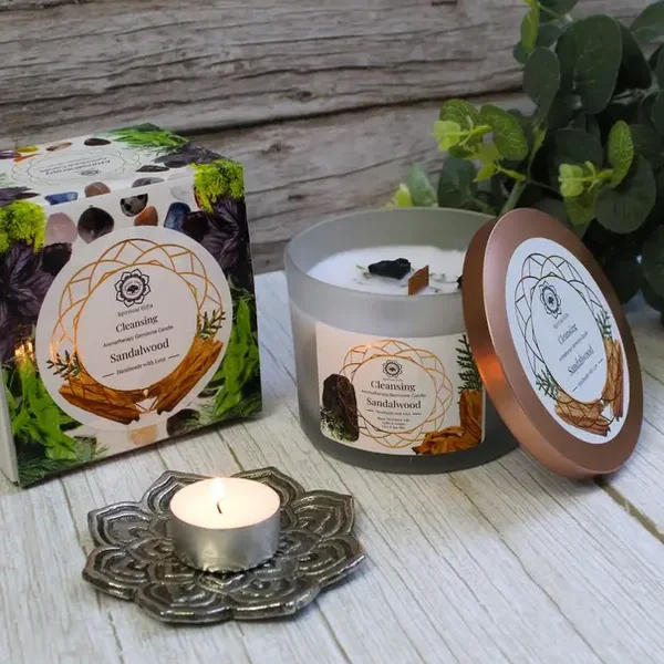 Bougie pierres et senteurs - "Nettoyage Energétique" - Bois de Santal - 256g