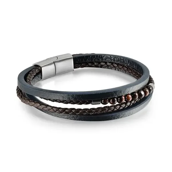 Bracelet cuir et pierres naturelles (modèle 2) - Oeil de Taureau - pour Homme
