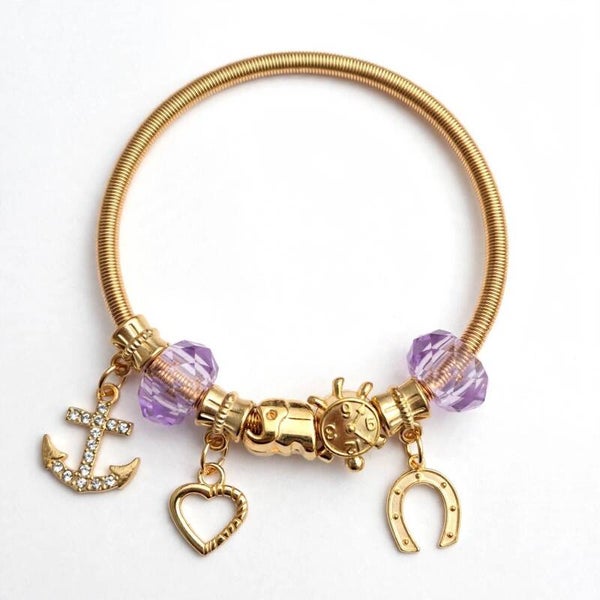 .Jewelry - Gold Tone Stretch Purple Crystal Beads Anchor Heart Horseshoe