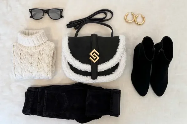 Bag - Black White Faux Shearling Trim Snap Crescent Crossbody