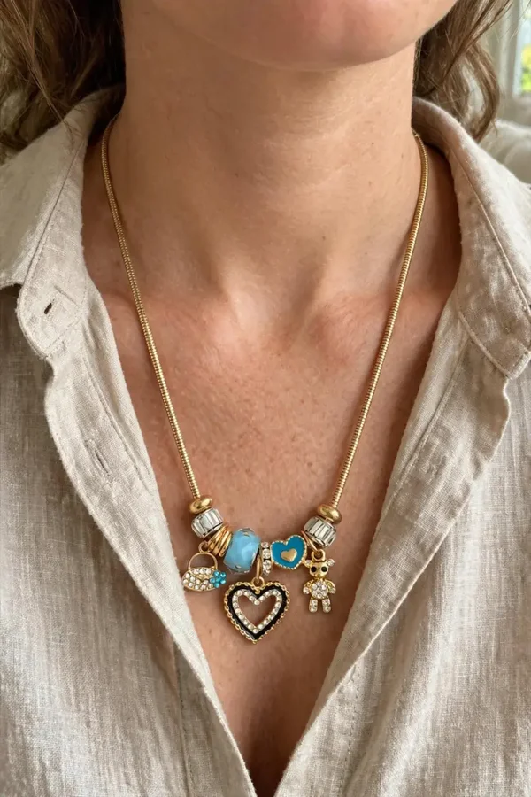 Jewelry - Gold Tone Heart Bear Charm Necklace Crystal Blue Beads