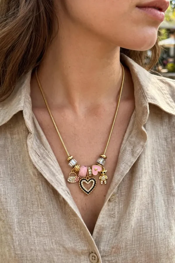 Jewelry - Gold Tone Pink Heart Bear Charm Necklace