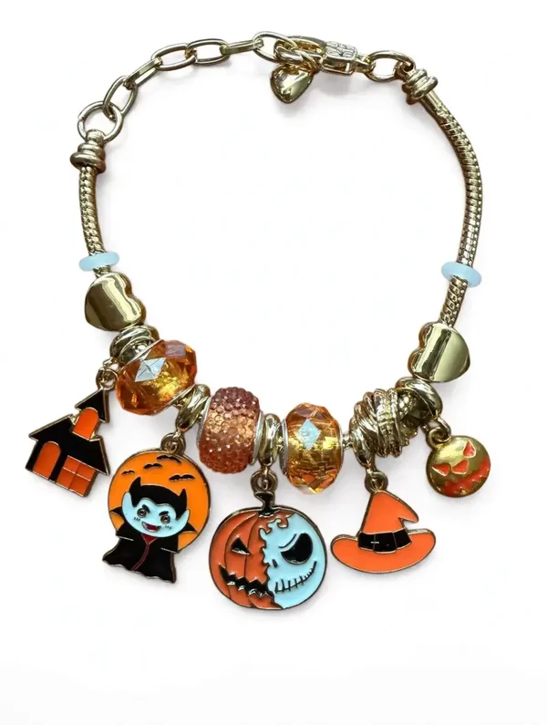 Halloween - Silver Tone Bracelet with Orange witch hat, blue/orange pumpkin charms