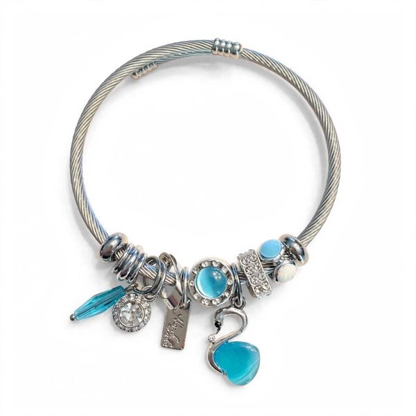 Jewelry - Silver Tone Bangle Charm Bracelet Blue swan Crystal Dangles