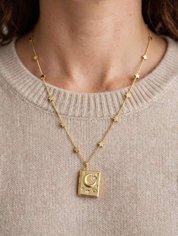 0028 Jewelry - Gold Tone Celestial Photo Locket Rectangle Pendant Necklace  w/Stars