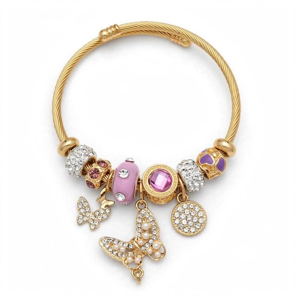 Jewelry - Gold Tone Bangle Butterfly Dangle Pink Purple Beads Clear Crystal