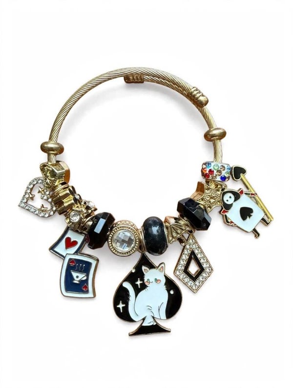 Jewelry - Gold Tone Bangle Cat Spade Card Black Beads Heart Charm