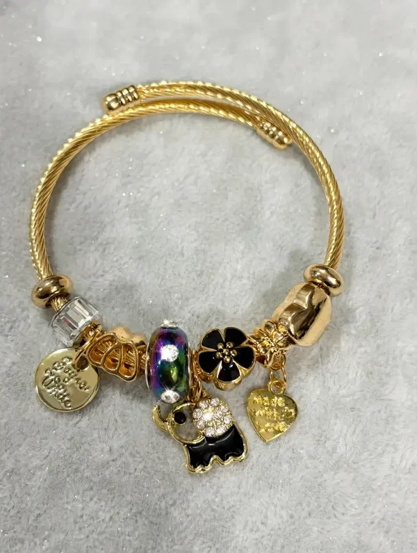 Jewelry - Gold Tone Bangle Elephant Heart Flower Beads Clear Crystals