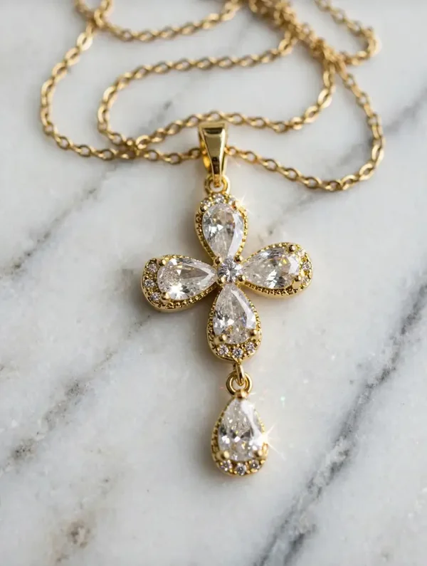 0168 Jewelry - Gold Teardrop Flower Cross Pendant Necklace