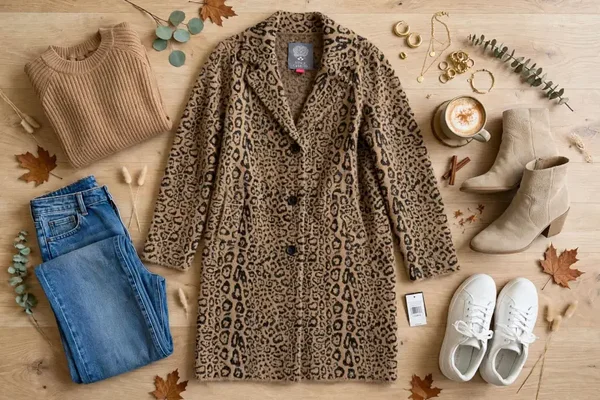 0089 - Vince Camuto Women’s Leopard Print Mid-Length Overcoat L Button Pockets