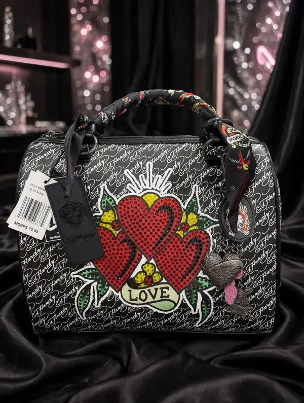 0197 Bag - Ed Hardy LOVE Triple Heart Rhinestone Bowler Bag