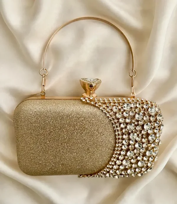 0097 Bag - Gold Glitter Crystal Rhinestone Clasp Clutch Top Handle Small