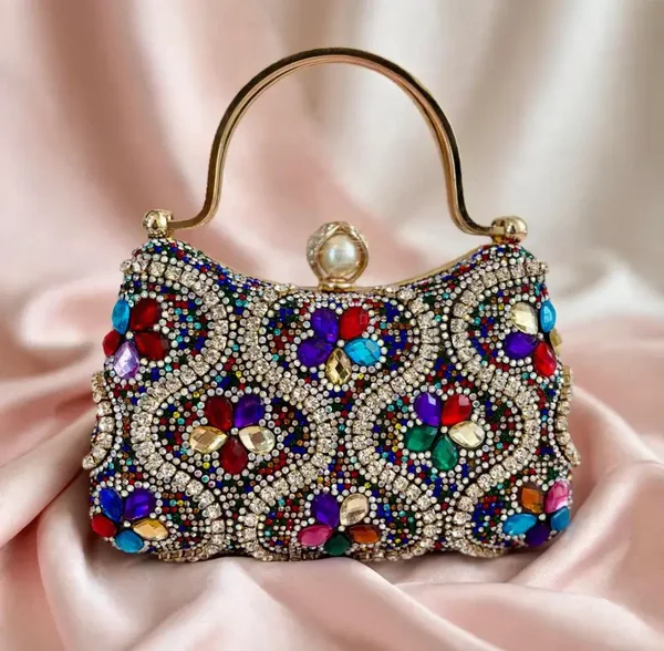 0095 Bag - Multicolor Floral - Rhinestone Crystal Beaded Evening Bag