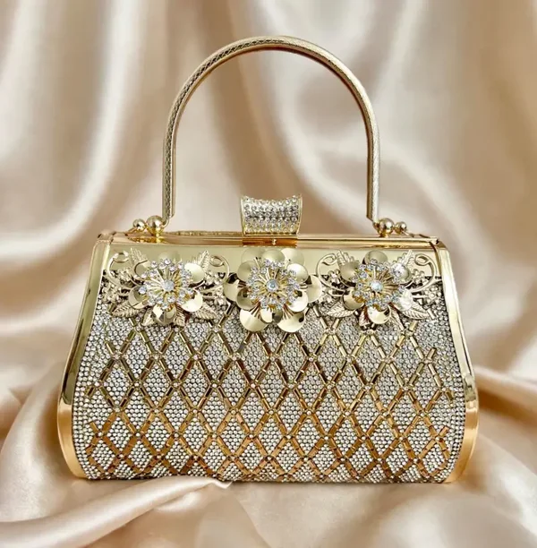 0098 Bag - Gold Metallic Floral Rhinestone Evening Bag