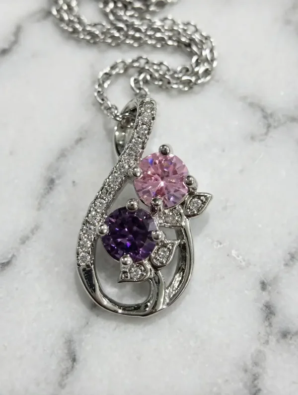 0169 Jewelry - Amethyst & Pink Teardrop Floral Pendant Necklace