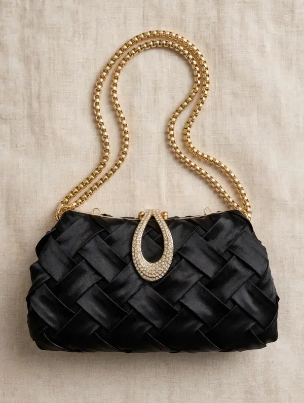 0179 Bag - Black Woven Satin Evening Clutch - Gold Crystal Teardrop Clasp