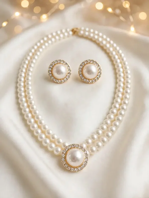 0205 - Double Strand Faux Pearl Necklace & Earrings Set