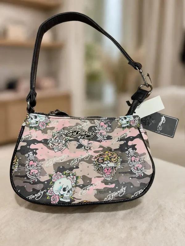 0218 Bag - Ed Hardy Pink Camo Baguette Shoulder Bag - Rhinestone Studded
