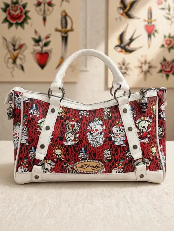 0217 Bag - Ed Hardy Red Leopard Tattoo Skull Satchel