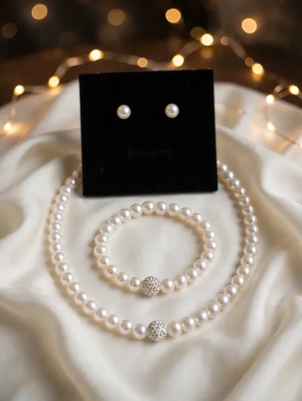 0204 Jewelry - Faux Pearl Necklace, Bracelet & Earring Set - Crystal Ball