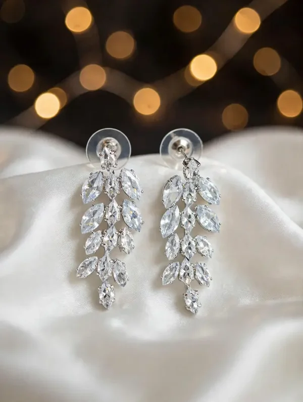 0126 Jewelry -  Crystal Leaf Vine Drop Earrings - Marquise CZ Cluste