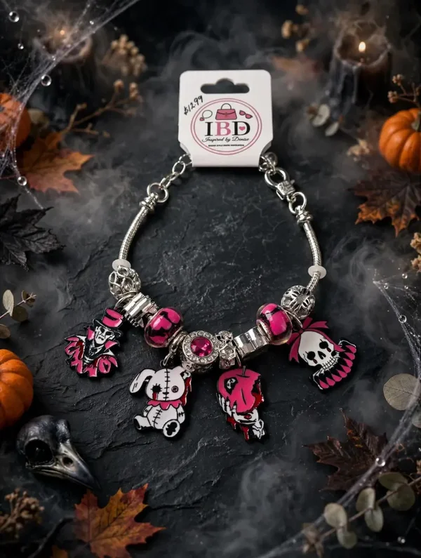 0124 Halloween - Silver Pink Black Charm Halloween Bracelet