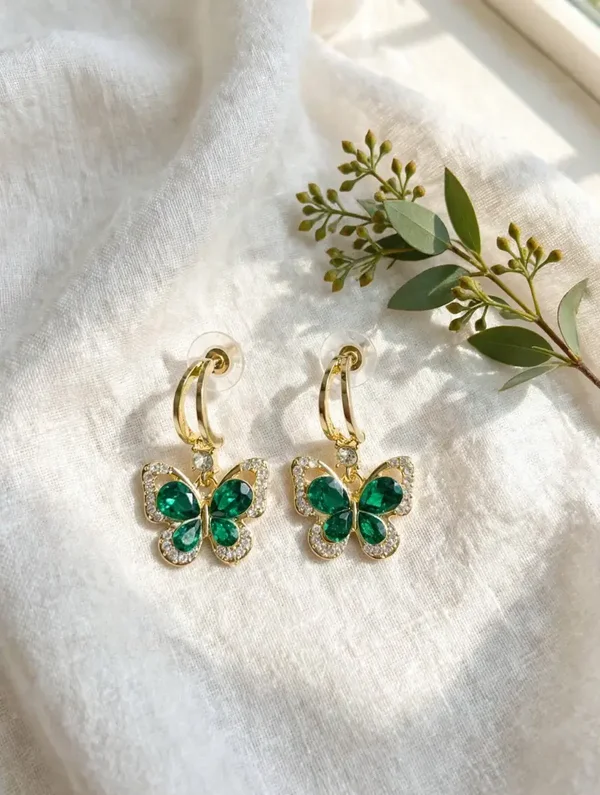 0127 Jewelry - Emerald Butterfly Earrings Gold | Green Crystal Drop Earrings