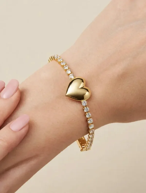 0261 Bracelet - Gold Tone Rhinestone Tennis Bracelet with Single Gold Heart
