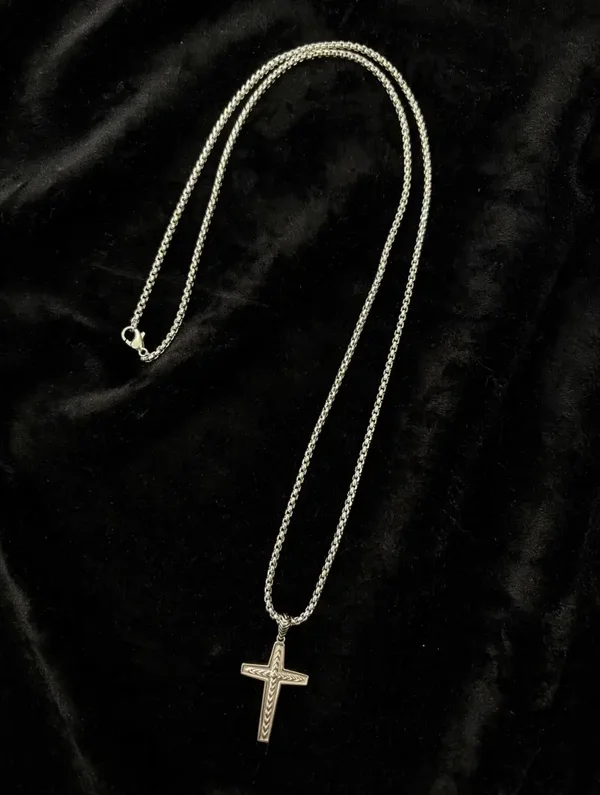 0309 Jewelry -  Etched Cross Pendant Necklace – Silver