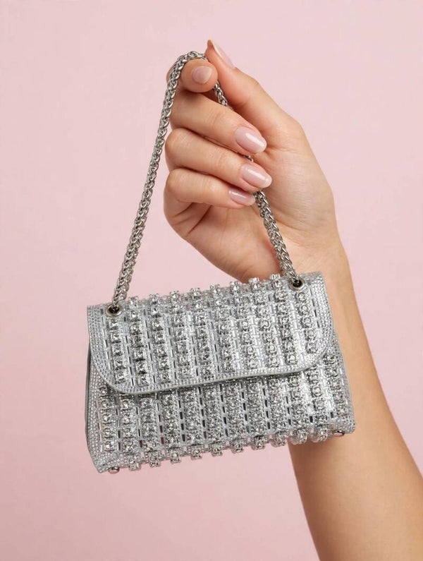 0277 Bag -  Mini Crystal Chain Crossbody – Silver – Small