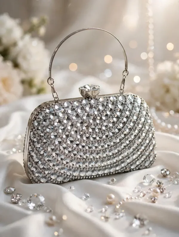F Bag - Silver Swirl Crystal Clutch with Flower Clas